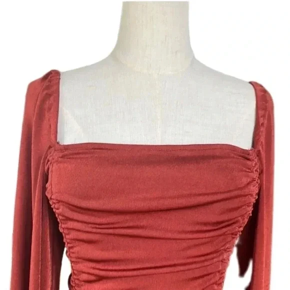 Free People Ruched Long Sleeve Bodysuit Cherry Chai Bottom Snap Closure Small - Picture 11 of 13
